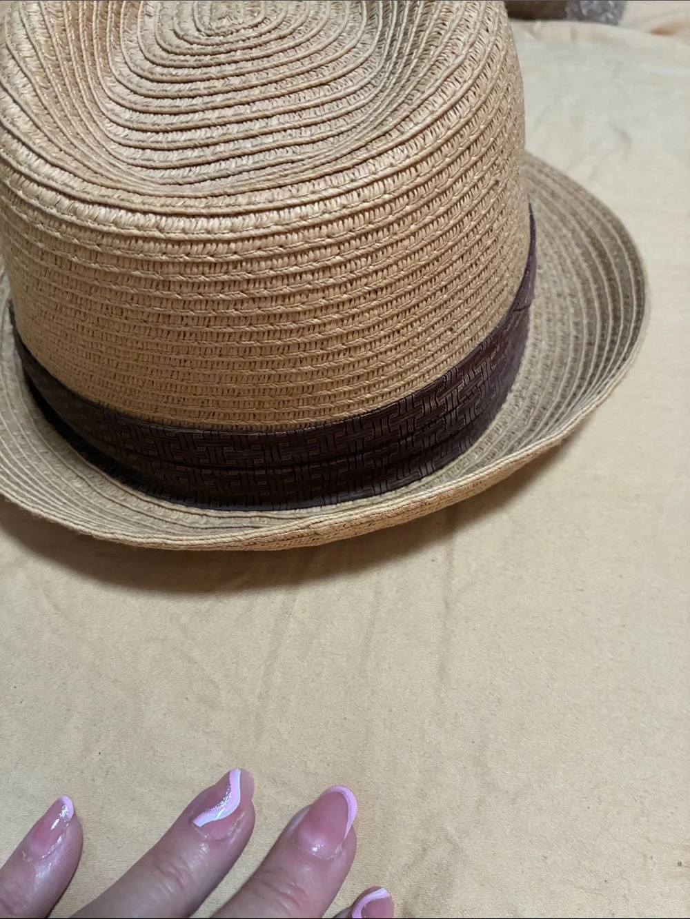 Tan Straw Fedora Hat with Dark Brown Band